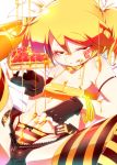 1girl blonde_hair fingerless_gloves food gloves honey kagamine_rin nananana narrowed_eyes navel panties pie red_eyes rin_kagamine short_hair solo striped striped_legwear syrup thighhighs underwear vocaloid