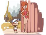 1boy 1girl 2014 brown_hair dipper_pines disney earrings feet female gravity_falls hat long_hair looking_up male one-piece_swimsuit one-piece_swimsuit_pull one-piece_swimsuit_pulling pool short_hair smile tan tan_line