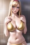 1girl alice_schuberg alluring bare_legs big_breasts bikini blonde_hair blue_eyes gold_bikini nightcore_(artist) shower sword_art_online wet