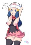 1girl 1girl 2020 ? arms_behind_head beanie blue_eyes blue_hair breasts dawn_(pokemon) headwear long_hair nipples no_panties open_mouth pokemon_diamond_pearl_&_platinum protoscene pussy scarf simple_background solo_female solo_focus speech_bubble stockings