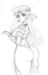 1girl ? ass dialogue earrings elf elf_ears english_text long_hair looking_at_viewer looking_back monochrome nintendo princess_zelda protoscene sketch text the_legend_of_zelda traditional_art traditional_media_(artwork)