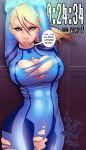 1girl android arms_behind_head big_breasts blonde blonde_hair blue_clothes bondage breasts female green_eyes hair latex long_hair metroid nintendo ponytail pussy samus_aran text_bubble torn_clothes torn_suit torn_zero_suit zero_suit