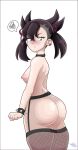  1girl 1girl 2020 ass fishnet_legwear fishnets game_freak looking_back marnie_(pokemon) nintendo pokemon pokemon_sword_&amp;_shield pout protoscene sideboob simple_background solo_female solo_focus speech_bubble wristband 