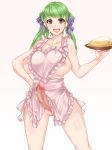 1girl apron artist_request bad_id breasts brown_eyes censored food futanari green_hair hair_ribbon large_breasts long_hair naked_apron nipples no_testicles open_mouth original penis plate pussy ribbon smile solo thighs twintails