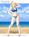 1girl adapted_costume barefoot beach belly big_breasts bikini blonde_hair blue_bikini blue_eyes breasts cleavage contrapposto female full_body groin hair hand_on_hip idarkshadowi_(artist) jorge_cabellos large_breasts latex lips long_hair metroid midriff mound_of_venus navel ocean parted_lips ponytail samus_aran smile solo swimsuit thighs watermark web_address zero_suit