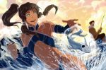 1boy 1girl abs avatar:_the_last_airbender big_breasts bikini blue_eyes bolin boots breasts brown_hair dark_skin detached_sleeves female fish fishing gloves hair_tubes halterneck hetero korra the_legend_of_korra*