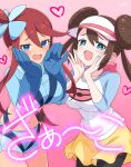 2_girls :d aqua_eyes big_breasts blue_eyes blue_gloves blush breasts brown_hair commentary_request creatures_(company) double_bun game_freak gloves gradient_background hair_bun heart high_res kamuraaa_615 long_hair multiple_girls navel nintendo open_mouth pink_background pokemon pokemon_bw pokemon_bw2 red_hair rosa_(pokemon) shorts skyla_(pokemon) smile teeth twin_tails upper_teeth_only visor_cap yellow_shorts