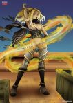 blond_hair dark_skin flames gravity_daze gravity_rush high_heels kat_(gravity_rush) kitten_(gravity_daze) palcomix ripped_clothing surprise torn_clothing