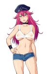 1girl breasts bulge choker cleavage cutoffs denim denim_shorts erect_nipples erection erection_under_clothes final_fight futanari hand_on_hip hat hinemosu_notari large_breasts long_hair midriff navel newhalf peaked_cap pink_hair poison_(final_fight) see-through shiny shiny_skin short_shorts shorts simple_background solo street_fighter sweat underboob white_background