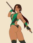 1girl alluring ass athletic_female big_breasts brown_hair bubble_butt cleavage dark-skinned_female didi_esmeralda female_abs fingerless_gloves fit_female green_eyes jade_(mortal_kombat) long_hair looking_at_viewer midway_games mortal_kombat ponytail staff voluptuous