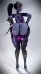  1girl alternate_ass_size ass backboob big_ass blizzard_entertainment blue_hair blue_skin blush bubble_butt buttplug casualmuffin dark_blue_hair female_only gasp hand_on_hip huge_ass large_ass looking_back open_mouth overwatch presenting_hindquarters rear_view ripped_clothing sexy sexy_ass sexy_body sexy_pose simple_background smelly_ass solo_female thick_ass thick_thighs white_background wide_hips widowmaker 