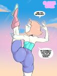  1girl ass big_ass blue_eyes blush cuddlecore female_only flexible gem_(species) leg_lift looking_at_viewer looking_back pearl_(steven_universe) solo_female solo_focus steven_universe stretching text text_bubble thick_thighs thighs white_body white_skin wide_hips 