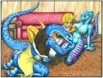 1girl anthro big_breasts blue_scales brenda_sawruss cherri_topps cleavage dinosaur fellatio female fossil fossilizedart futa jurassic_beauties non-mammal_breasts non-mammal_nipples scalie tyni_(fossil) undressing