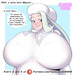 1girl 2024 2d_(artwork) big_breasts bra_visible_through_clothes breast_focus breasts_bigger_than_head breasts_focus clothed cuddlecore dialogue female_focus female_only gym_leader high_res high_resolution huge_breasts massive_breasts melony_(pokemon) milf pokemon pokemon_ss pov sexy sexy_breasts sexy_milf sweater teasing text