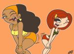  2_girls black_hair crossover dancing danny_phantom dark_skin earrings grojband hair laney_penn long_hair multiple_girls princesscallyie red_hair short_hair shorts twerking valerie_gray 