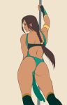  1girl 2d alluring armlet braided_hair brown_hair bubble_butt color colored coloured dark-skinned_female dark_brown_hair didi_esmeralda fingerless_gloves green_eyes jade_(mortal_kombat) loincloth long_hair midway_games mortal_kombat pole polychrome rear_view solo_female white_sclera 