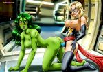 ass barefoot big_breasts blonde_hair carol_danvers green_skin jennifer_walters marvel marvel_comics ms._marvel palcomix penetration she-hulk strap-on superheroine yuri yuri_haven