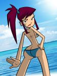  1girl ass ass_crack beach bikini breasts disney female_only grimphantom looking_back morgan_(randy_cunningham) ocean ponytail purple_hair randy_cunningham:_9th_grade_ninja scowl solo_female 