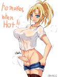 1girl blonde_hair blue_eyes breasts cowboy_shot english erect_nipples futanari highres large_breasts long_hair nipples open_mouth original penis shorts simple_background solo standing testicles translated ubanis uncensored