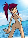  1girl ass beach breasts disney female_only grimphantom looking_back morgan_(randy_cunningham) nude ocean photo_background ponytail purple_hair randy_cunningham:_9th_grade_ninja scowl solo 