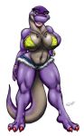 1girl anthro big_breasts cleavage dinosaur fossilizedart jurassic_beauties non-mammal_breasts purple_scales scalie tyra_reckks undressing