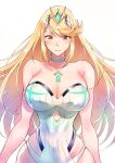  1girl absurd_res alluring big_breasts blonde_hair chest_jewel gem headpiece high_res long_hair mythra mythra_(radiant_beach)_(xenoblade) nintendo one-piece_bikini ribbed_bikini strapless strapless_one-piece_bikini striped_clothes striped_one-piece_bikini swept_bangs swimsuit tiara two-tone_swimsuit ug333333 vertical-striped_clothes vertical-striped_one-piece_bikini very_long_hair white_one-piece_swimsuit xenoblade_(series) xenoblade_chronicles_2 yellow_eyes 