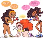  3_girls angry ass black_hair codename:_kids_next_door cree_lincoln crossover danny_phantom dark_skin earrings exercise freckles hair long_hair mad multiple_girls numbuh_11 orange_hair ponytail powerpuff_girls princess_morbucks princesscallyie shiny shiny_skin shorts valerie_gray white_background workout 