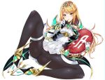  1girl alluring armor big_breasts black_pantyhose blonde_hair blush earrings female_only gem gloves headpiece high_res jewelry long_hair mythra mythra_(massive_melee)_(xenoblade) nintendo panties panties_under_pantyhose pantyhose pillow pussy sleeveless swept_bangs thigh_strap tiara underwear xenoblade_(series) xenoblade_chronicles_2 yellow_eyes yuuki_shin 