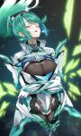  1girl 1girl alluring armor big_breasts chest_jewel cleavage earrings gem gloves green_hair hair_ornament headpiece high_ponytail high_res jewelry long_hair nintendo pneuma_(xenoblade) ponytail simple_background swept_bangs tiara very_long_hair xenoblade_(series) xenoblade_chronicles_2 yuuki_shin 