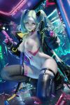 1girl blue_hair bubble_butt cyberpunk:_edgerunners cyberpunk_2077 grin horny inviting_to_sex looking_at_viewer purple_eyes rebecca_(edgerunners) sakimichan shaved_pussy small_breasts stockings teasing thick_thighs