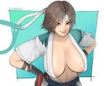 1girl alluring athletic_female bandai_namco bandana bandanna big_breasts breasts breasts_out breasts_out_of_clothes breasts_outside cleavage erodrunky female_abs fighting_game fit_female gloves grin huge_breasts kazama_asuka lesseinsanimer namco namco_bandai no_bra patreon smile sweating tekken tekken_8 twitter video_game video_game_character video_game_franchise video_games watermark white_bandanna