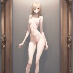  1girl ai_generated blonde_hair brown_eyes catwalk lanky modelling nemus_waifu_generator nude pooplool pouting short_hair sleekette slender slim tagme tall tall_female thin_arms thin_female thin_legs uncomfortable unhappy_female 