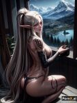 1girl ai_generated ass blush castle detailed detailed_background elf elf_ears elf_female elf_girl fantasy fjord happy happy_female indoors long_ears looking_out_window looking_outside mountain pale_skin pointy_ears ponytail pooplool pornx.ai silver_hair slim_female solo_female squatting tattoo tattooed_arm tattooed_girl tattooed_shoulder tattoos thick_ass thick_butt thick_thighs thighs very_long_hair