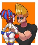  1boy 1girl ass big_ass big_breasts black_glasses black_shirt blonde_hair blush bra brown_hair cartoon_network crossover gloves grin holding_body jester jester_costume jester_hat jester_outfit johnny_bravo johnny_bravo_(character) larger_male lifting_person looking_at_each_other looking_at_partner lotikmac muscular orange_background panties pomni short_hair shortstack size_difference smaller_female tagme the_amazing_digital_circus thick_thighs thighs white_body white_border 