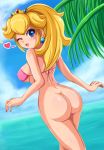  1girl ass big_breasts bikini bikini_top blonde_hair blue_eyes bottomless breasts curvy earrings erect_nipples exhibitionism female female_only heart huge_ass jewelry nail_polish nintendo no_panties open_mouth pink_bikini princess_peach pussy_juice sideboob sigurd_hosenfeld sigurdhosenfeld super_mario_bros. swimsuit wide_hips wink 