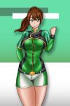  1girl alluring belt big_breasts brown_hair green_eyes hayami_sena jacket mashin_sentai_kiramager shorts super_sentai treezero 