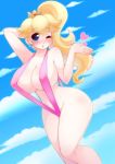  1_girl armpits ass bare_shoulders bikini blonde_hair blue_eyes blush breasts cleavage collarbone crown earrings heart huge_breasts jewelry large_breasts long_hair looking_at_viewer mario_(series) nintendo open_mouth pastelletta_(artist) ponytail princess_peach sideboob signature sling_bikini smile solo super_mario_bros. swimsuit thighs very_long_hair wide_hips wink 