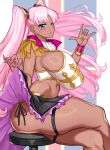  1girl 1girl ahegao ass big_breasts breasts completely_nude crossed_legs dark-skinned_female dark_skin female_pervert hair_ornament long_hair miniskirt nipples nude pervert pink_hair sex_invitation sexually_suggestive skirt 