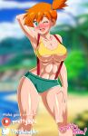  1girl abs alluring asymmetrical_hair athletic_female back big_breasts blue_shorts blush clothing creatures_inc. denim denim_shorts female_abs fit_female game_freak green_eyes hair_tie holding kasumi_(pokemon) misty misty_(pokemon) nintendo one_eye_closed orange_hair pk-studios pokemon pokemon_(anime) pokemon_(classic_anime) pokemon_rgby ponytail pretty_kute shirt short_hair short_shorts shorts side_ponytail sideboob suspender_shorts suspenders thick_thighs thighs tied_hair under_boob wink yellow_shirt 