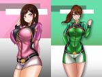 2girls alluring belt big_breasts breasts brown_hair green_eyes hayami_sena jacket mashin_sentai_kiramager ooharu_sayo ponytail purple_eyes sayo_ooharu sena_hayami shorts super_sentai treezero