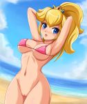  1girl armpits arms_up beach big_breasts bikini_top blonde_hair blue_eyes blush bottomless breasts cloud crown erect_nipples exhibitionism female female_only halterneck long_hair midriff navel nintendo no_panties open_mouth ponytail princess_peach pussy sigurd_hosenfeld sigurdhosenfeld sky solo string_bikini super_mario_bros. uncensored water wide_hips 