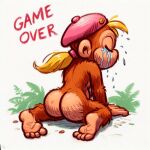 1girl ai_generated ass beret blonde_hair closed_eyes cub dat_ass dixie_kong donkey_kong_(series) donkey_kong_country furry furry_female game_over monkey_girl nintendo rareware tears