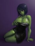  1girl abstract_background banjo-kazooie big_breasts black_clothing black_dress blue_hair cleavage curvy dark_background dress fang female_only game_over_gruntilda grabbing_breasts green_body green_skin groping_breast gruntilda hand_on_breast huge_breasts lipstick nintendo purple_background purple_hair rare rareware red_eyes saf-404 saf_404 safartwoks safartworks seductive_look short_hair simple_background solo_female video_game_character wide_hips 