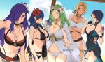  1girl 5girls alluring alternate_costume artist_name bare_shoulders beach big_breasts bikini black_bikini black_choker black_one-piece_swimsuit black_swimsuit blonde_hair blue_eyes blue_hair blush breasts byleth_(fire_emblem) byleth_(fire_emblem)_(female) catherine_(fire_emblem) catherine_(summer)_(fire_emblem) choker cleavage commentary covered_navel drink female_only fire_emblem fire_emblem:_three_houses fire_emblem_heroes fire_emblem_warriors:_three_hopes flower flower_in_hair green_hair hair_between_eyes hair_flower hair_ornament hair_over_one_eye hibiscus high_res long_hair looking_at_viewer melting_popsicle midriff multiple_girls navel nintendo official_alternate_costume one-piece_swimsuit open_mouth parasol popsicle pout purple_eyes purple_hair rhea_(fire_emblem) rhea_(summer)_(fire_emblem) shamir_nevrand shamir_nevrand_(summer) shez_(female)_(summer)_(fire_emblem) shez_(fire_emblem) shez_(fire_emblem)_(female) short_hair smile stomach swimsuit tassel teal_hair tomboy ushiomi watermark white_bikini white_swimsuit yellow_flower 