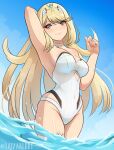  1girl 1girl 1girl alluring beach big_breasts bikini blonde_hair blue_sky cleavage female_only mythra nintendo ocean one-piece_bikini pin_up swimsuit xenoblade_(series) xenoblade_chronicles_2 yaizaberry yellow_eyes 