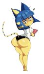 1girl absurd_res animal_crossing ankha_(animal_crossing) anthro aquelelazy ass blue_hair book breasts clothing dat_ass domestic_cat felid feline felis female hair high_res mammal nintendo question_mark simple_background solo