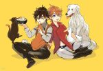 2boys bird cat dog duck genshin_impact gf_gnsn male male_focus multiple_boys orange_background simple_background sitting tartaglia_(genshin_impact) twitter zhongli_(genshin_impact)