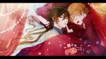  2boys duo flower genshin_impact gf_gnsn hand_in_another&#039;s_hair looking_at_viewer male male_focus male_only on_bed quiet_gesture red_blanket shhh sleeping tartaglia_(genshin_impact) twitter yaoi zhongli_(genshin_impact) 