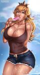  1girl alternate_costume big_breasts blonde blonde_hair blue_eyes breasts cleavage covered_breasts crown earrings female_only flowerxl food hips holding_food hourglass_figure huge_breasts ice ice_cream ice_cream_on_breasts jewelry legs lipstick long_hair mario_(series) nintendo oral_insertion pinup popsicle princess princess_peach sexually_suggestive short_shorts shorts standing sweets tank_top thighs very_long_hair voluptuous 