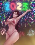  1girl 2023 big_breasts blue_eyes breasts brown_hair brunette earrings eyeshadow female_only fireworks fitness half-closed_eyes happy_new_year huge_breasts light-skinned_female light_skin lips lipstick long_hair mario_(series) microphone new_year new_year_2023 night nintendo pauline pauline_(mario) purple_eyebrows pussy red_bikini red_lipstick safartworks singing stockings thighs video_game_character video_games voluptuous 